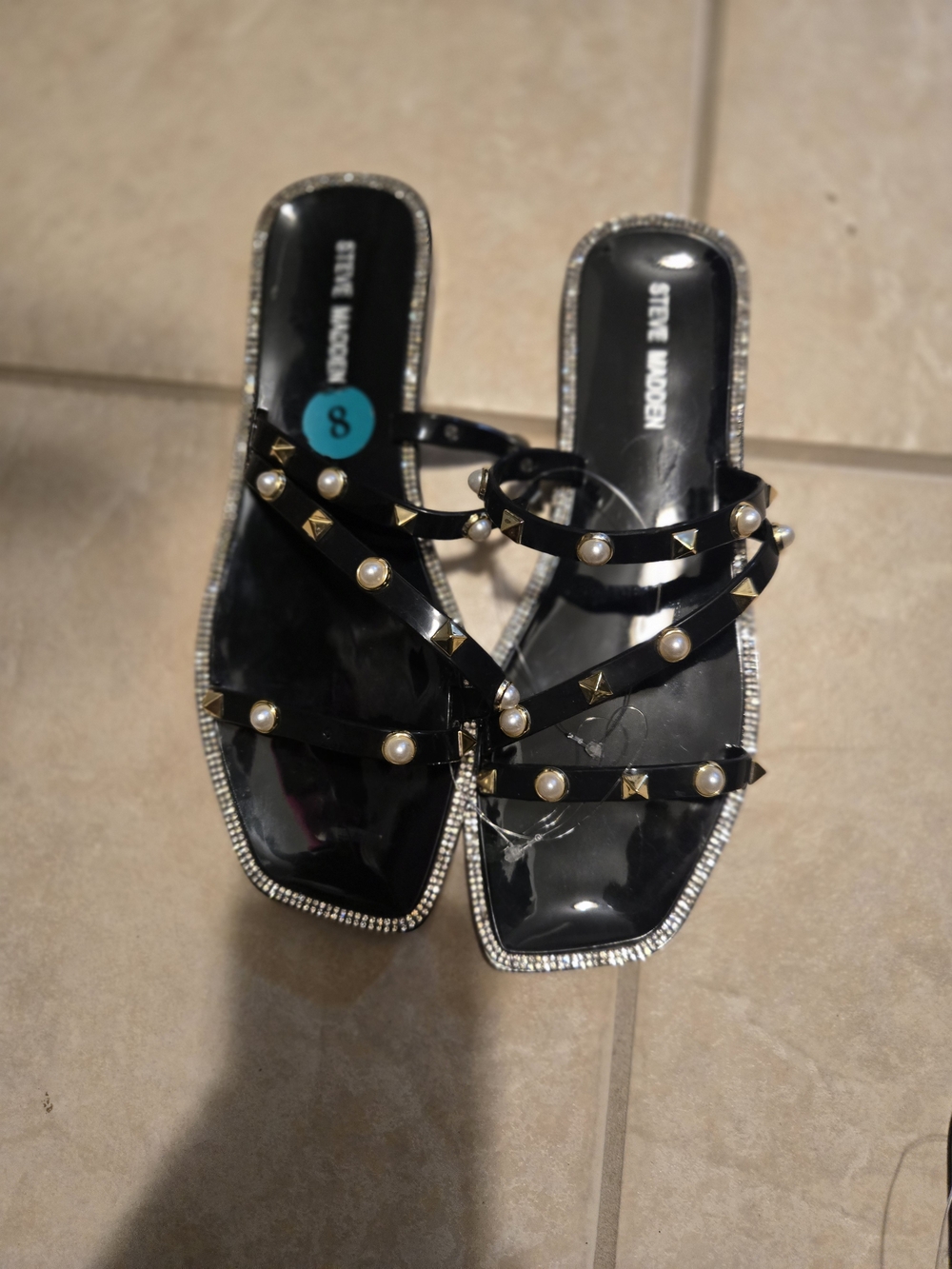 Steve Madden Black Pearl & Gold-Stud Strappy Slide Mules